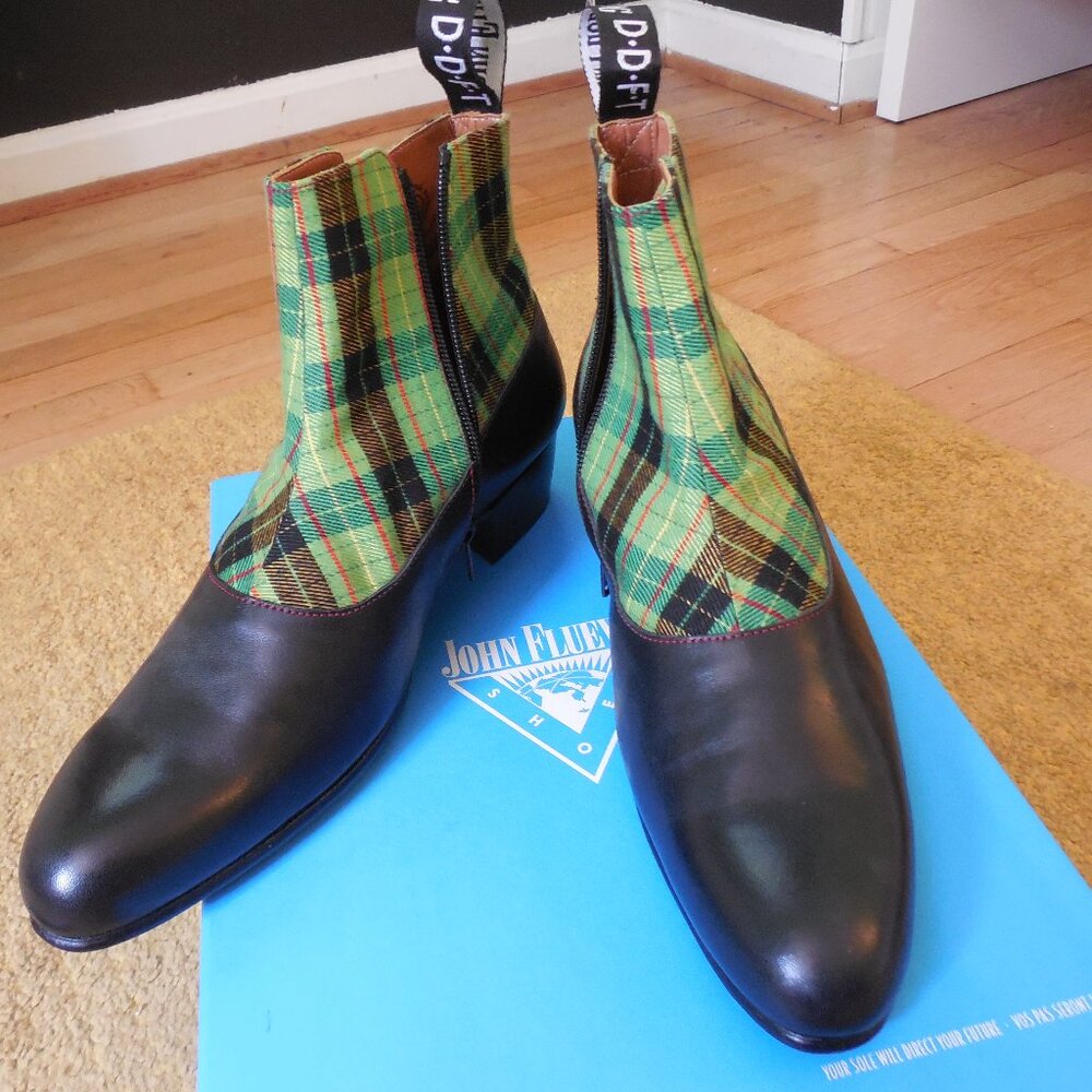 John Fluevog Arthur Green Black Plaid Ankle zip-up Boot